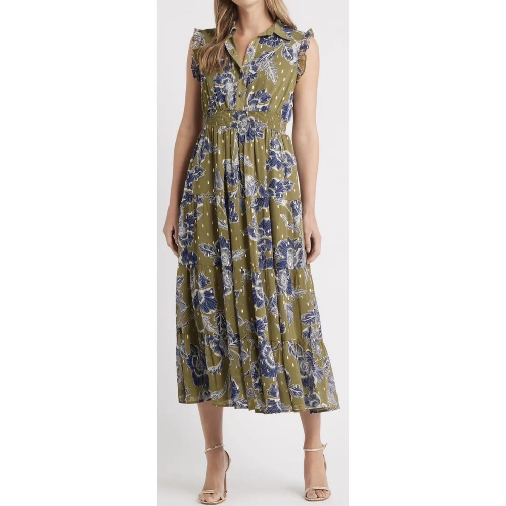 Anne Klein Hunter Olive Multi Floral Ruffle Button Collared Maxi Dress Size 10